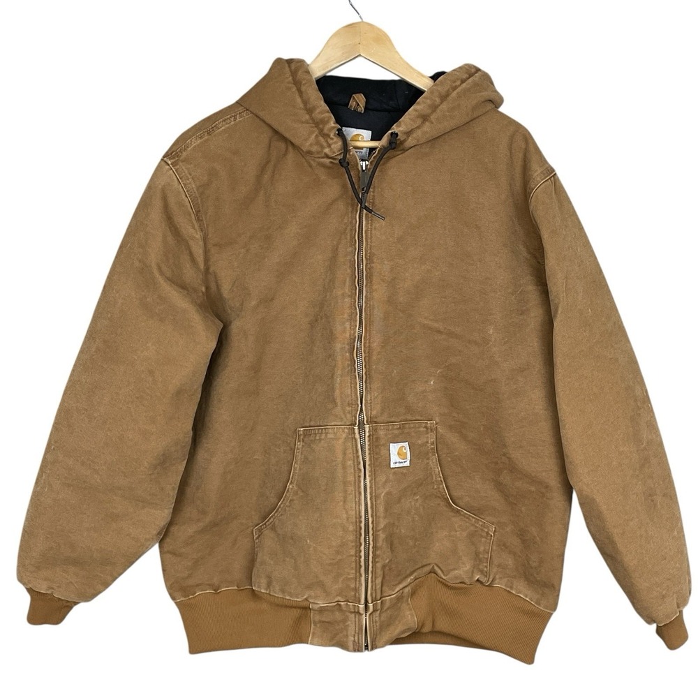 Carhartt Brown J130 Quilted Sandstone Active Jacket Mens XXL Hood Distressed